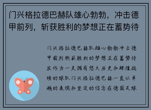 门兴格拉德巴赫队雄心勃勃，冲击德甲前列，斩获胜利的梦想正在蓄势待发!